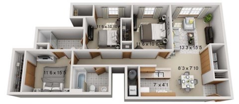 A 3D floor plan of a house showing the layout of the rooms.